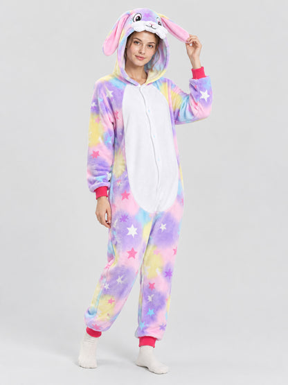 Hooded Pajama Jumpsuit with Ears and Star Print