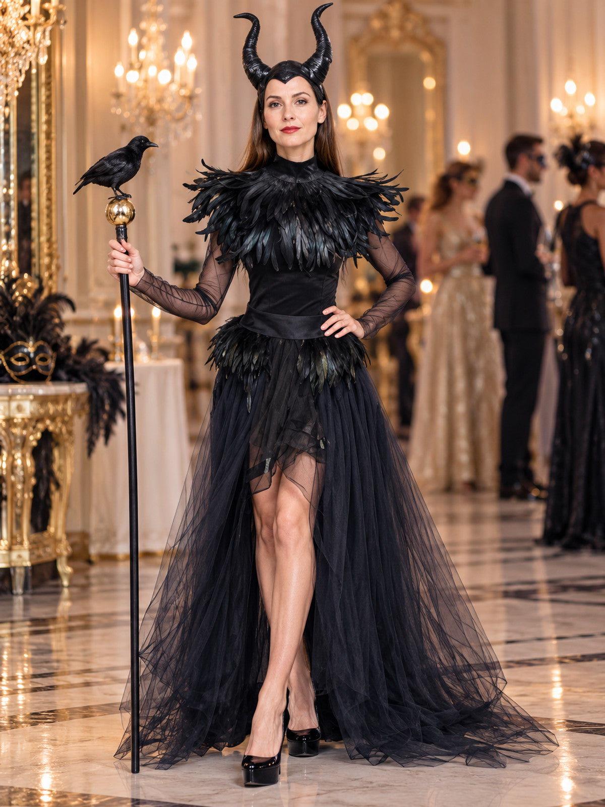 Black Carnival Costume with Feathers and Horns