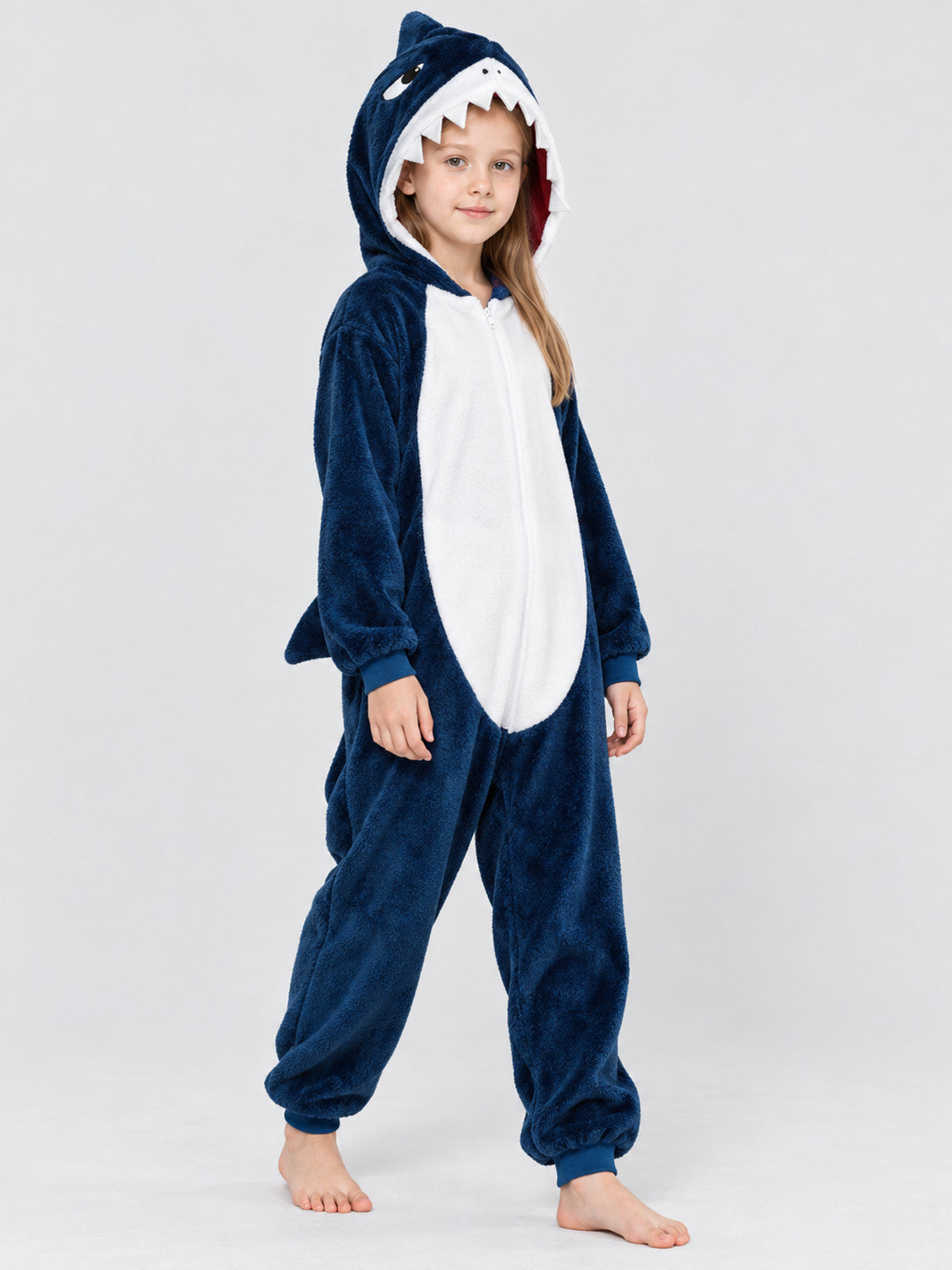 Navy Blue Fleece Pajama Jumpsuit with Shark Hood