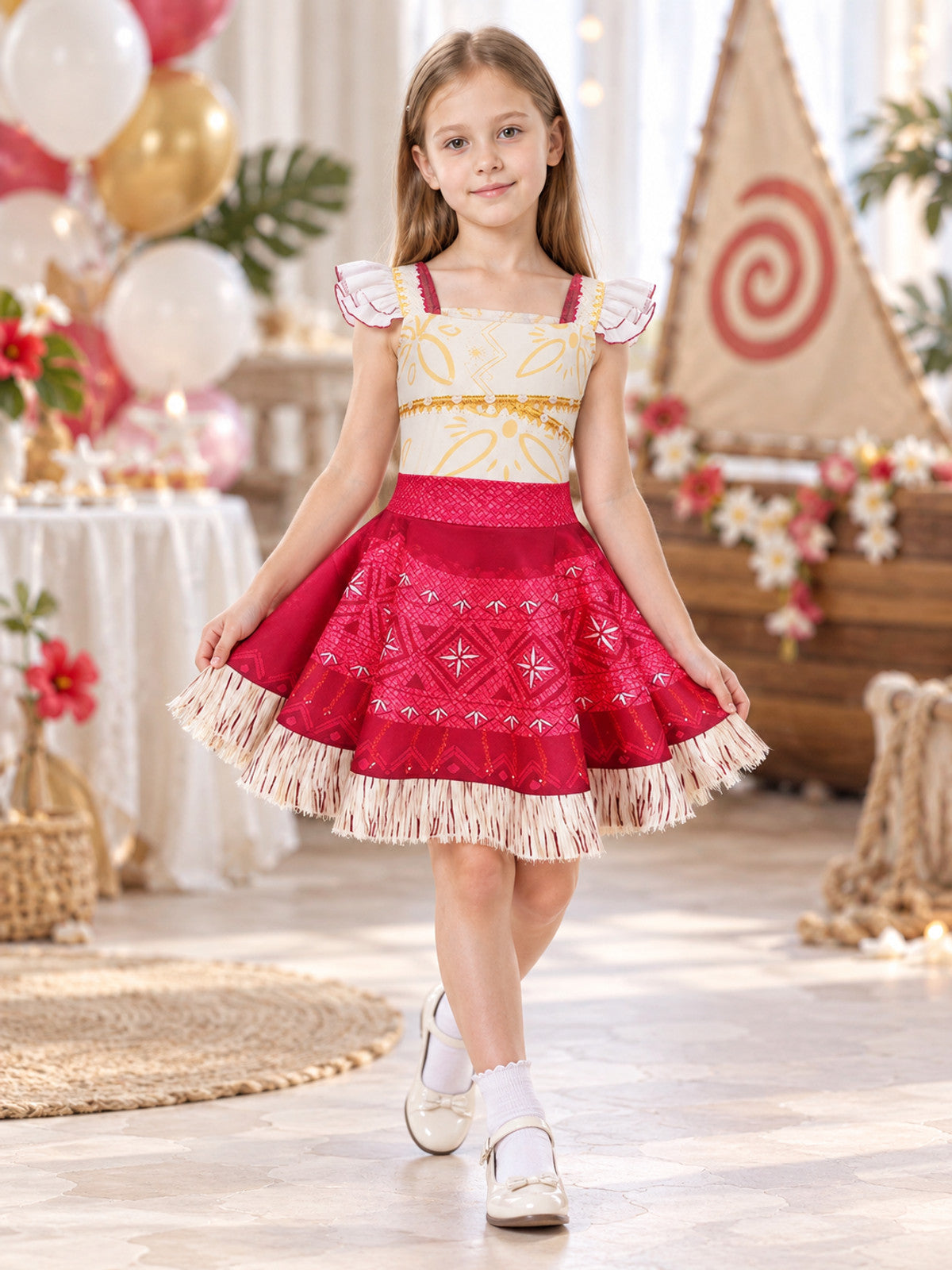 Dress with a white bodice, red skirt, and fringe