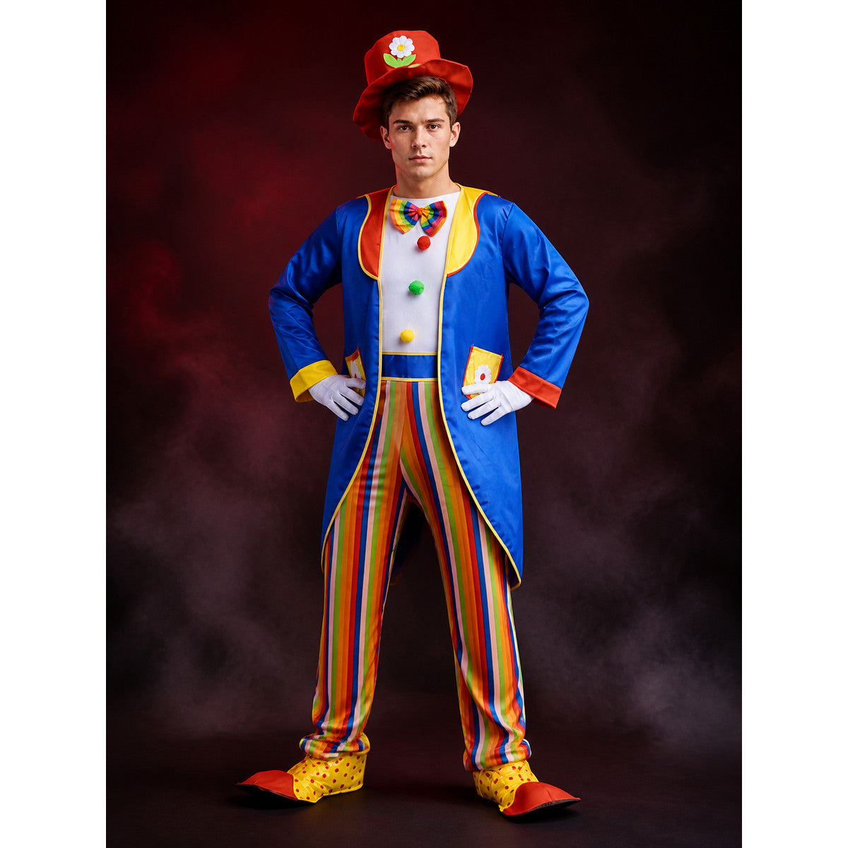 Adult Halloween Clown Circus Costume Set - Striped Jumpsuit, Jacket, Hat, Bow main product view