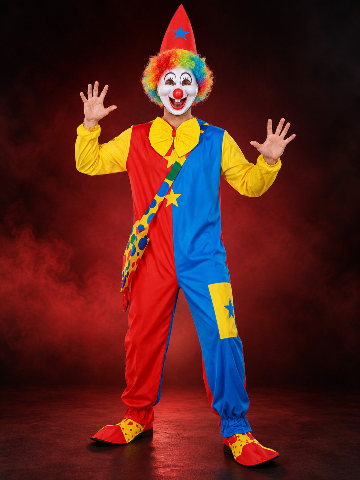 Bright clown costume: jumpsuit, mask, wig, hat