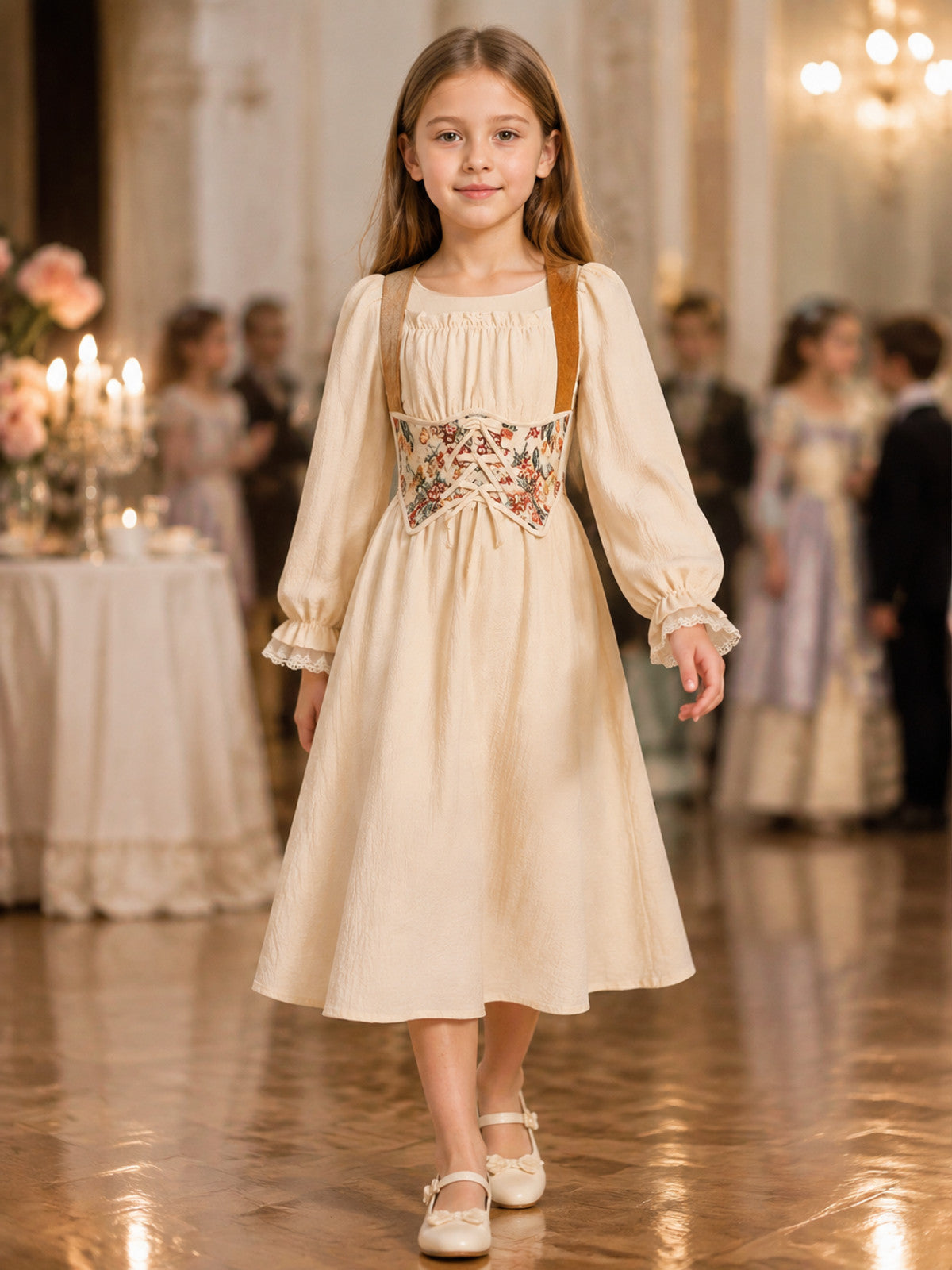 Girls’ Dress with Corset Panel and Puff Sleeves lifestyle view