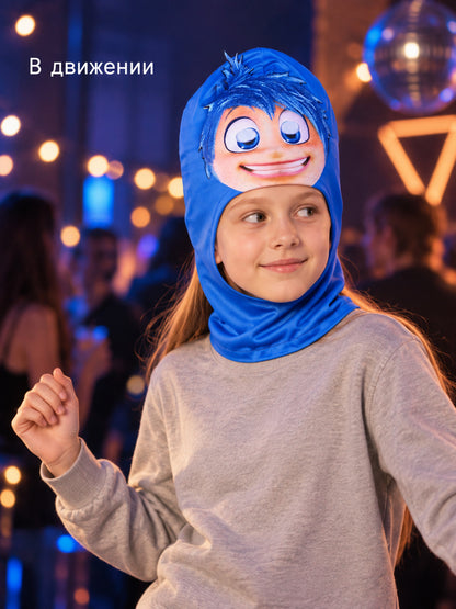Blue carnival hood headpiece with face print