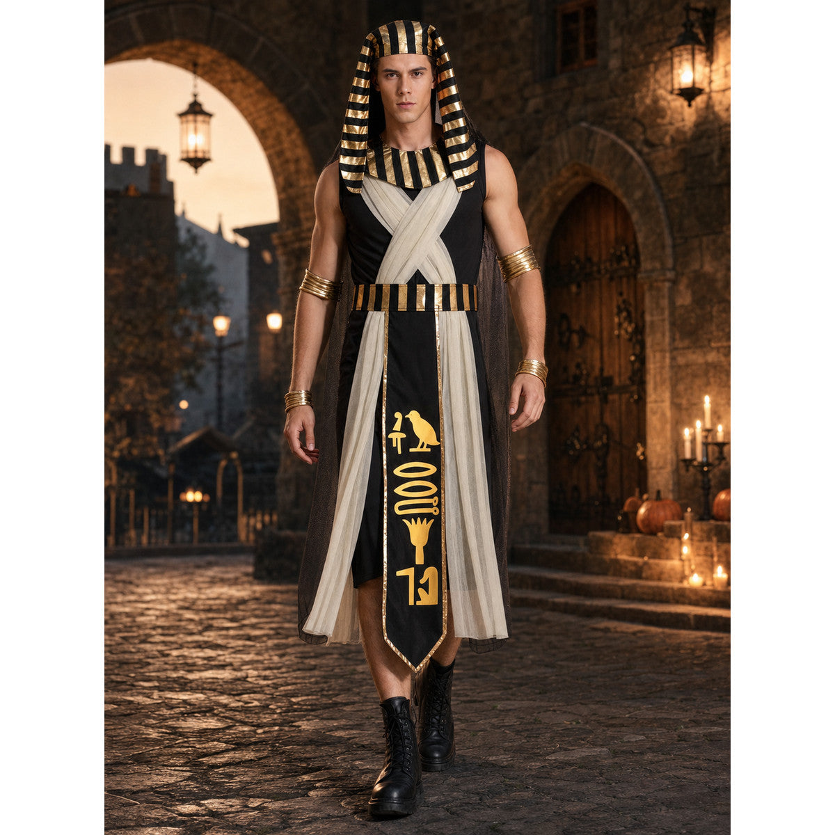 Men’s Egyptian Pharaoh Halloween Costume Set, 4-Piece Role Play Outfit with Headpiece, Neck Ornament and Belt for Cosplay Stage Performance