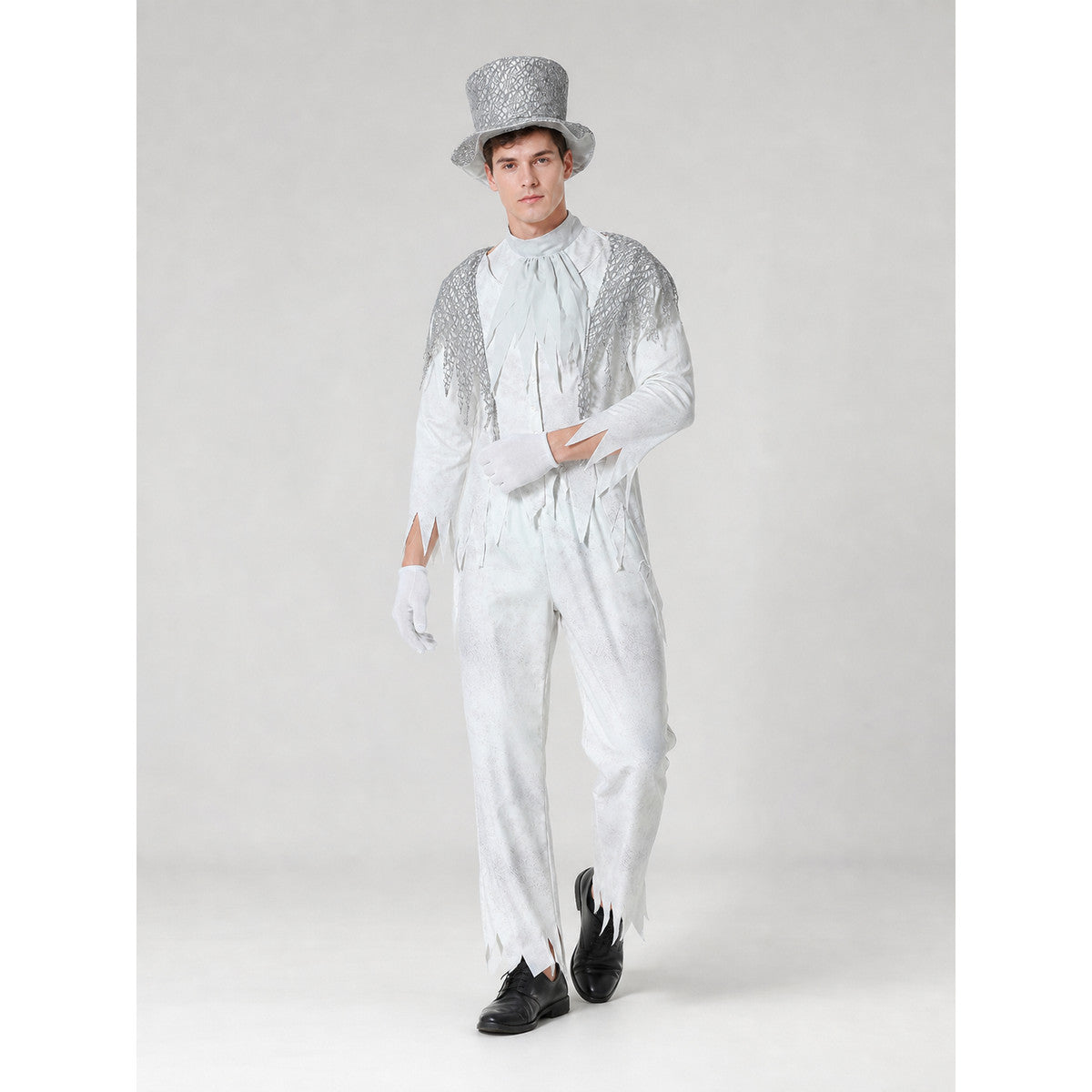Theatrical Ghost Costume with Top Hat and Gloves on-model front view
