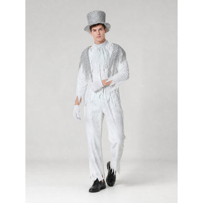 Theatrical Ghost Costume with Top Hat and Gloves on-model front view