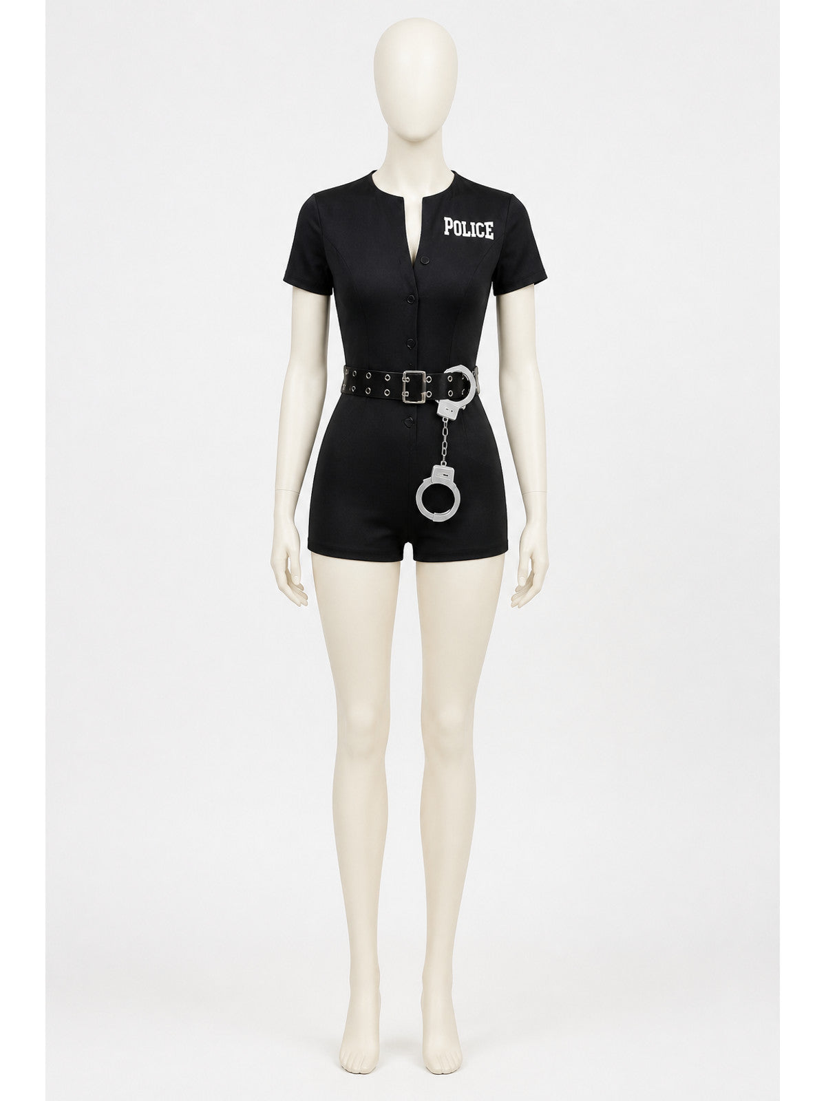 Black police costume with "police" lettering and belt