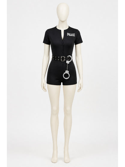 Black police costume with "police" lettering and belt