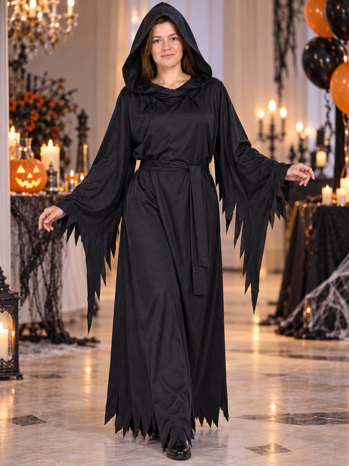 Black Hooded Robe Costume with Belt