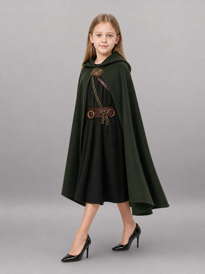 Dark green hooded cloak shown full-body on a child model, with a draped cape shape, brown belt, metal clasp, and chain