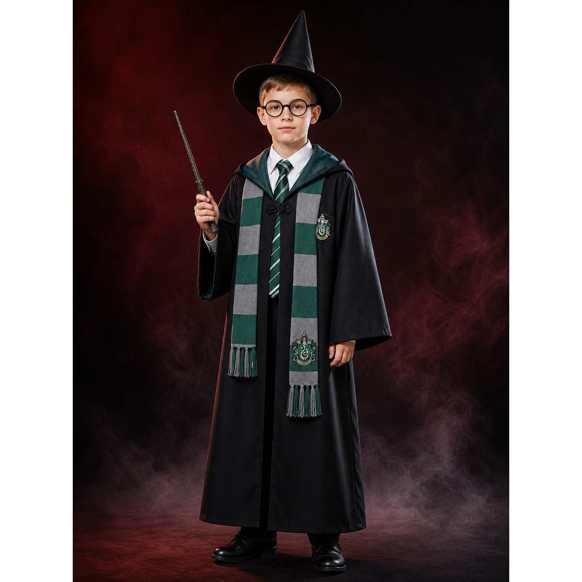 Kids Slytherin Wizard Robe Costume Set with Green Tie, Scarf, Pointed Hat, Black main product view