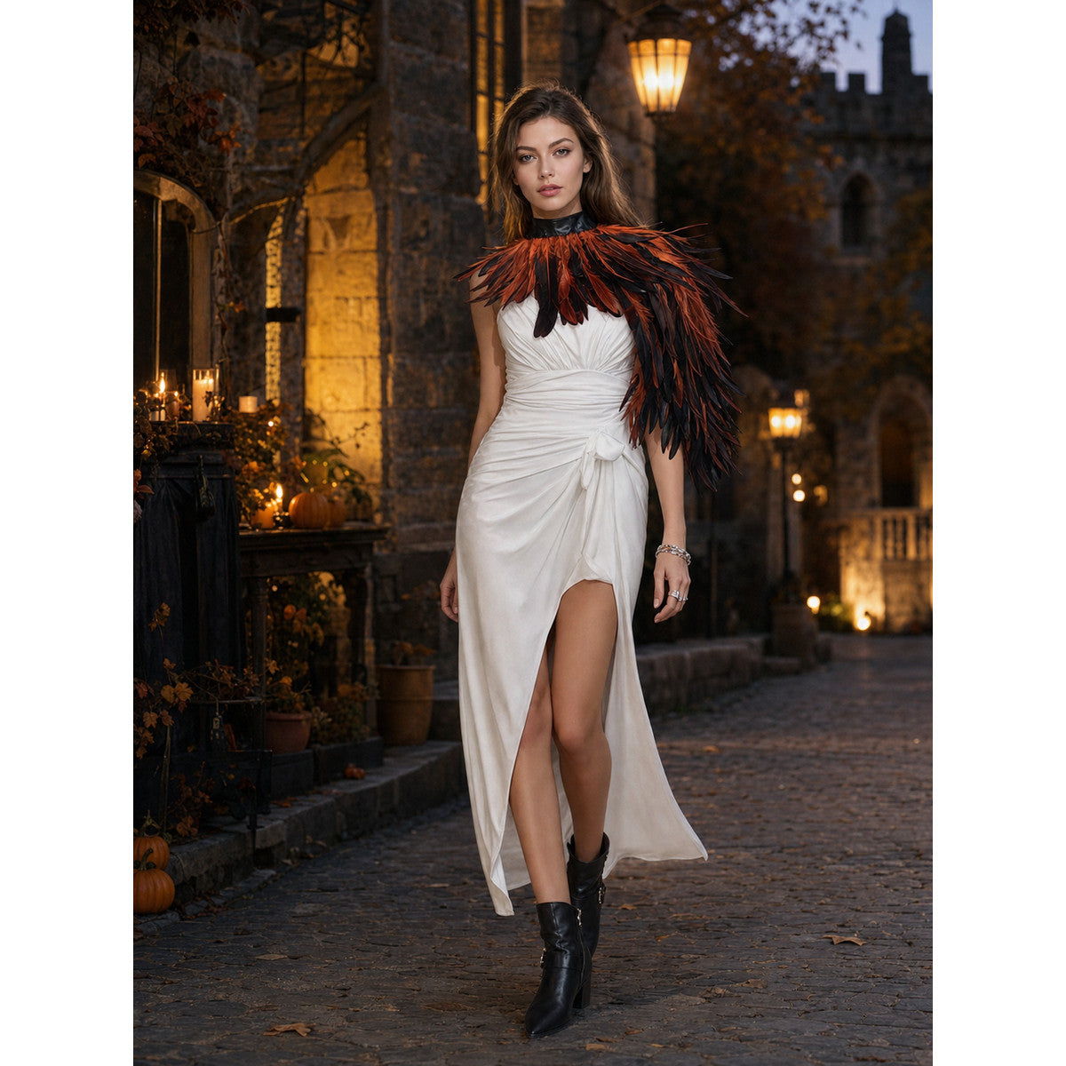 Halloween Feather Cape Costume One-Shoulder Asymmetric Shawl, Orange-Black Long Feathers, Black High Neck Collar for Cosplay Theme Party Stage