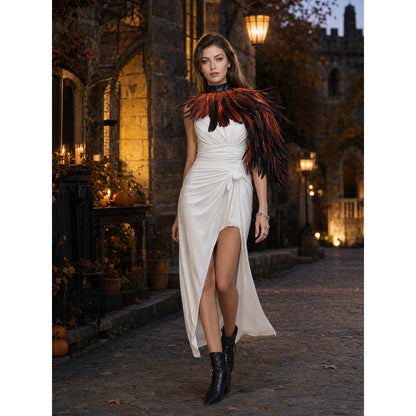 Halloween Feather Cape Costume One-Shoulder Asymmetric Shawl, Orange-Black Long Feathers, Black High Neck Collar for Cosplay Theme Party Stage