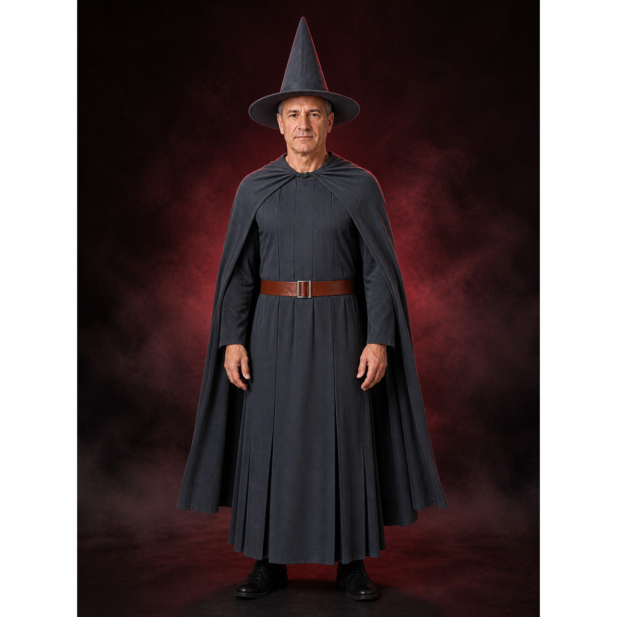 Unisex Wizard Costume Set With Dark Gray Robe, Pointed Hat, Belt, And Cape main product view