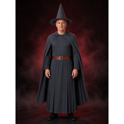 Unisex Wizard Costume Set With Dark Gray Robe, Pointed Hat, Belt, And Cape main product view