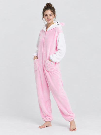 Pink Fleece Hooded Pajama Jumpsuit with Ears