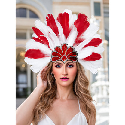 Feather headpiece with red and white plumes and a red sequined front panel, shown in a close portrait of a model