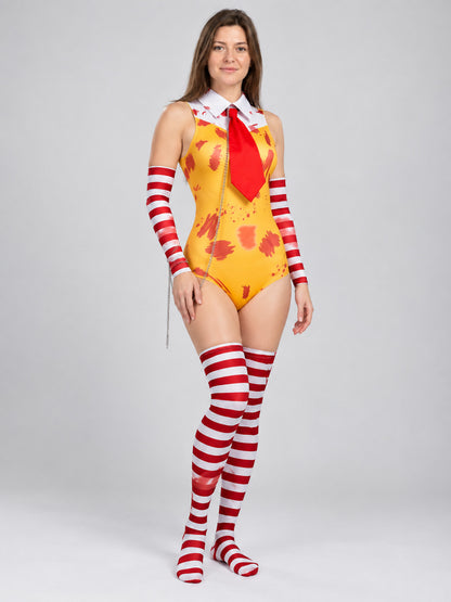 Clown Costume: Yellow Bodysuit, Collar, Tie, Arm Sleeves