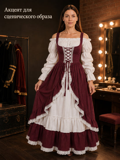 Burgundy Dress with Corset Lacing and Puff Sleeves Costume Dresses detail