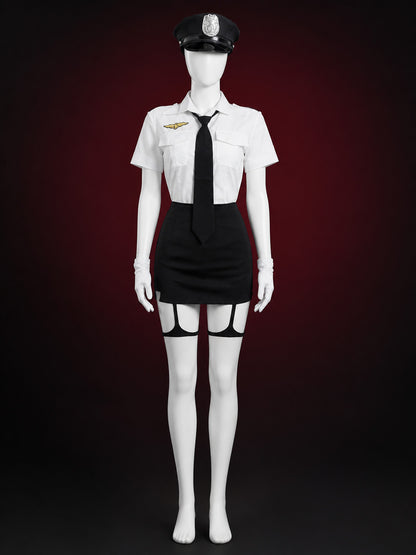 Women's Police Officer Costume Set, White Shirt with Black Tie and Skirt, Sexy