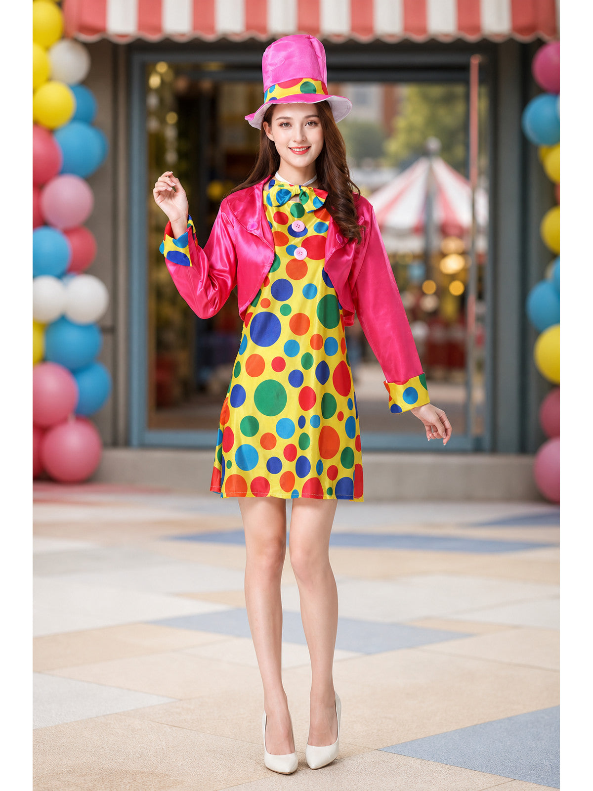 Masquerade Clown Costume with Jacket, Dress, and Hat lifestyle view