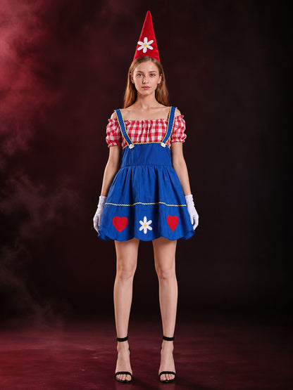 Women's Red & White Checkered Clown Dress with Blue Puffy Skirt, Hat & Gloves main product view