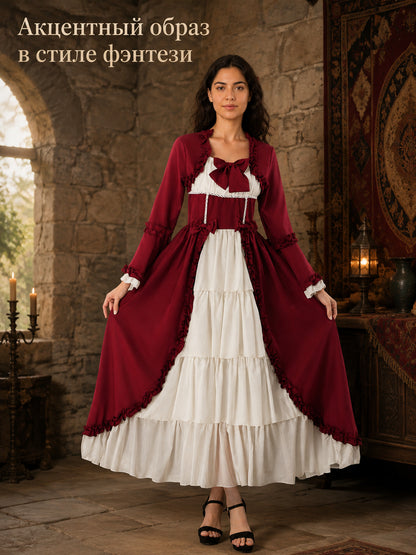 Burgundy Dress with Ruffles and Flared Sleeves Costume Dresses detail