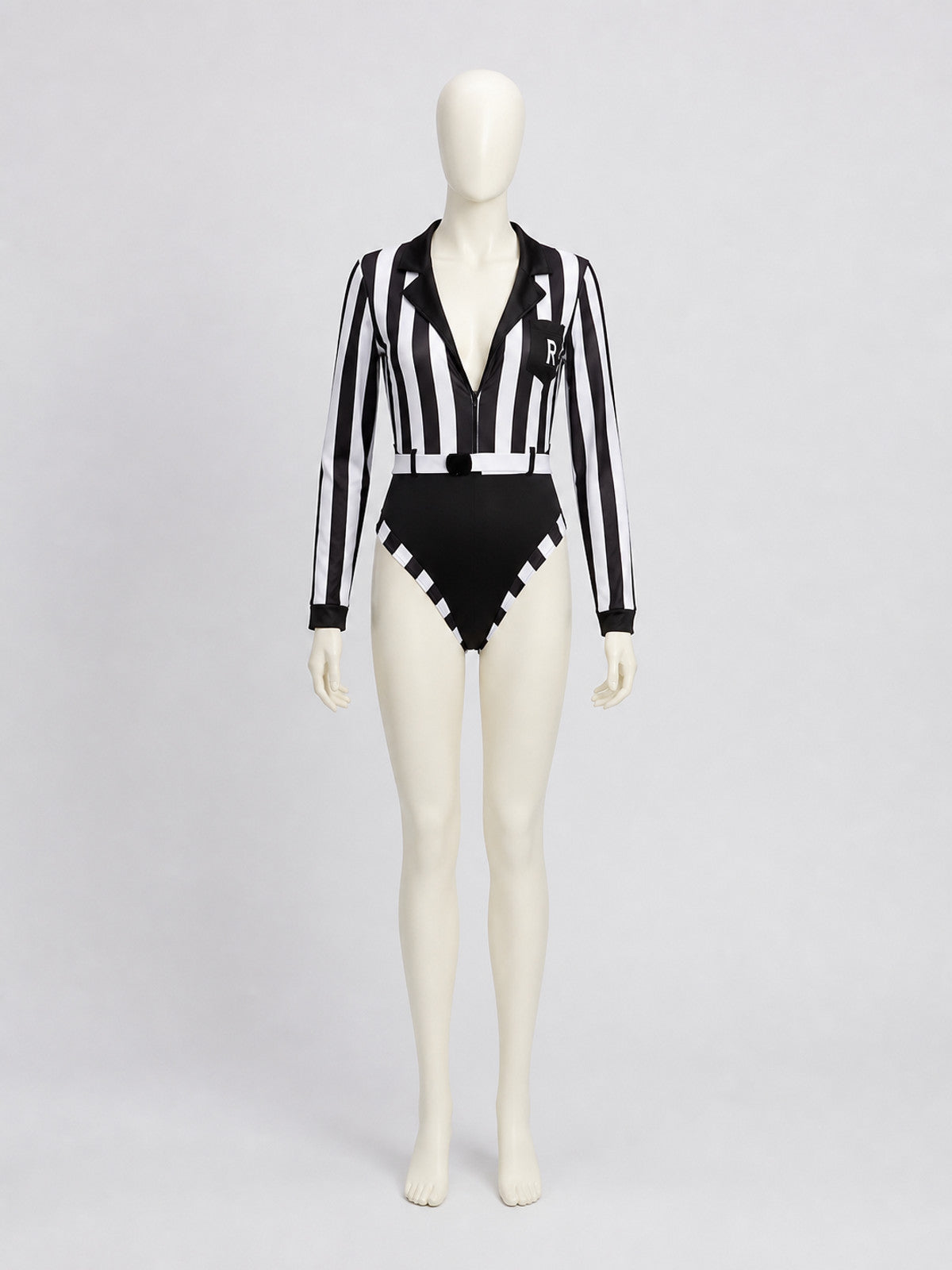 Black-and-White Striped Bodysuit with a Plunging Neckline
