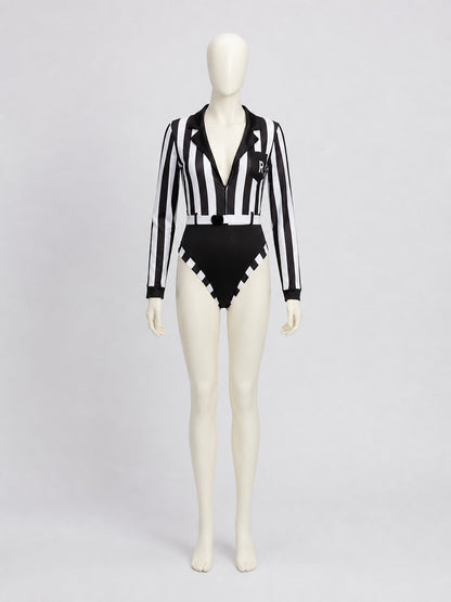 Black-and-White Striped Bodysuit with a Plunging Neckline