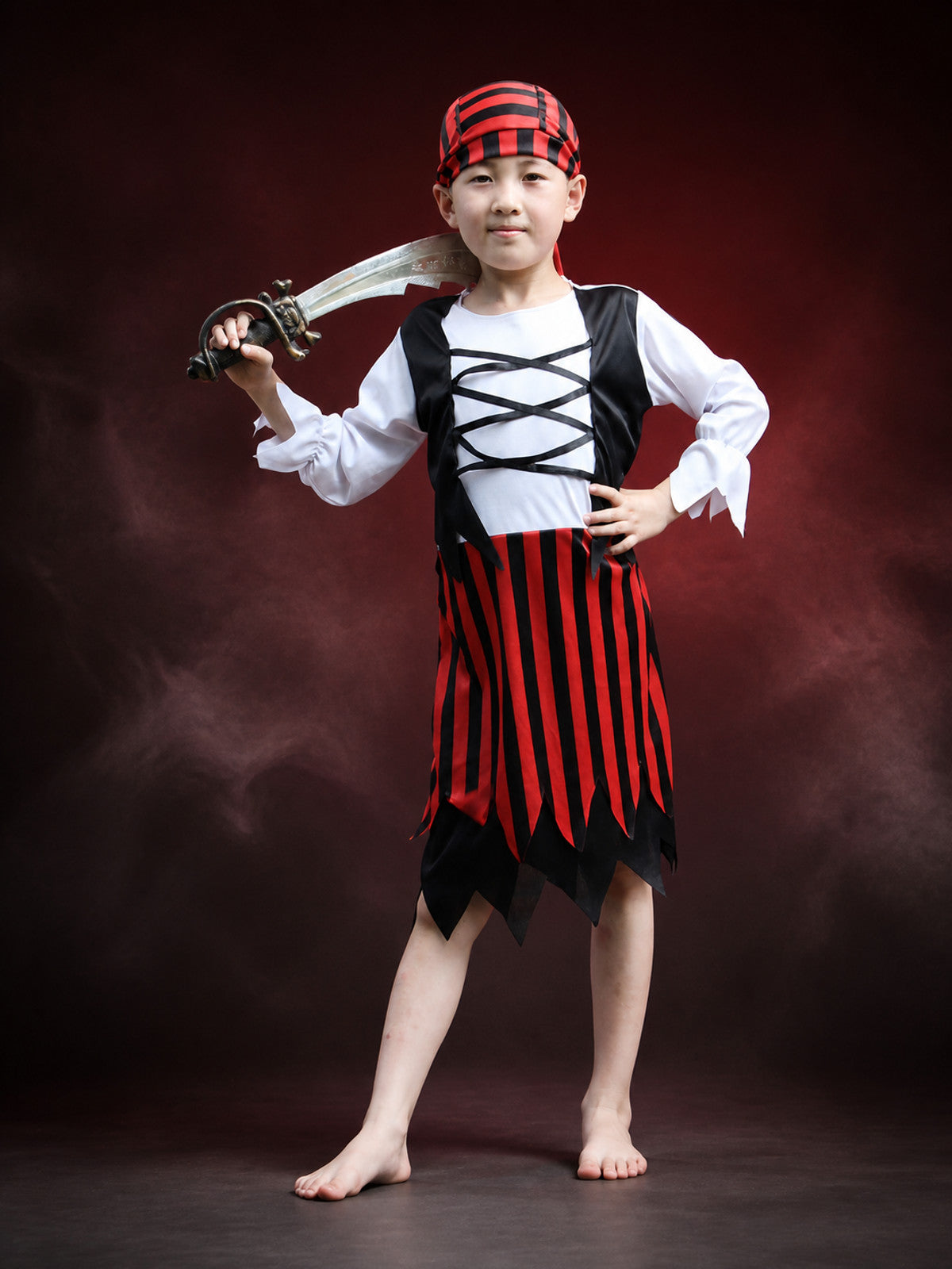 Children's Pirate Costume Set - Red Black Striped Dress & Hat for Halloween