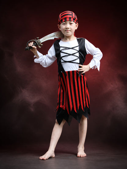 Children's Pirate Costume Set - Red Black Striped Dress & Hat for Halloween