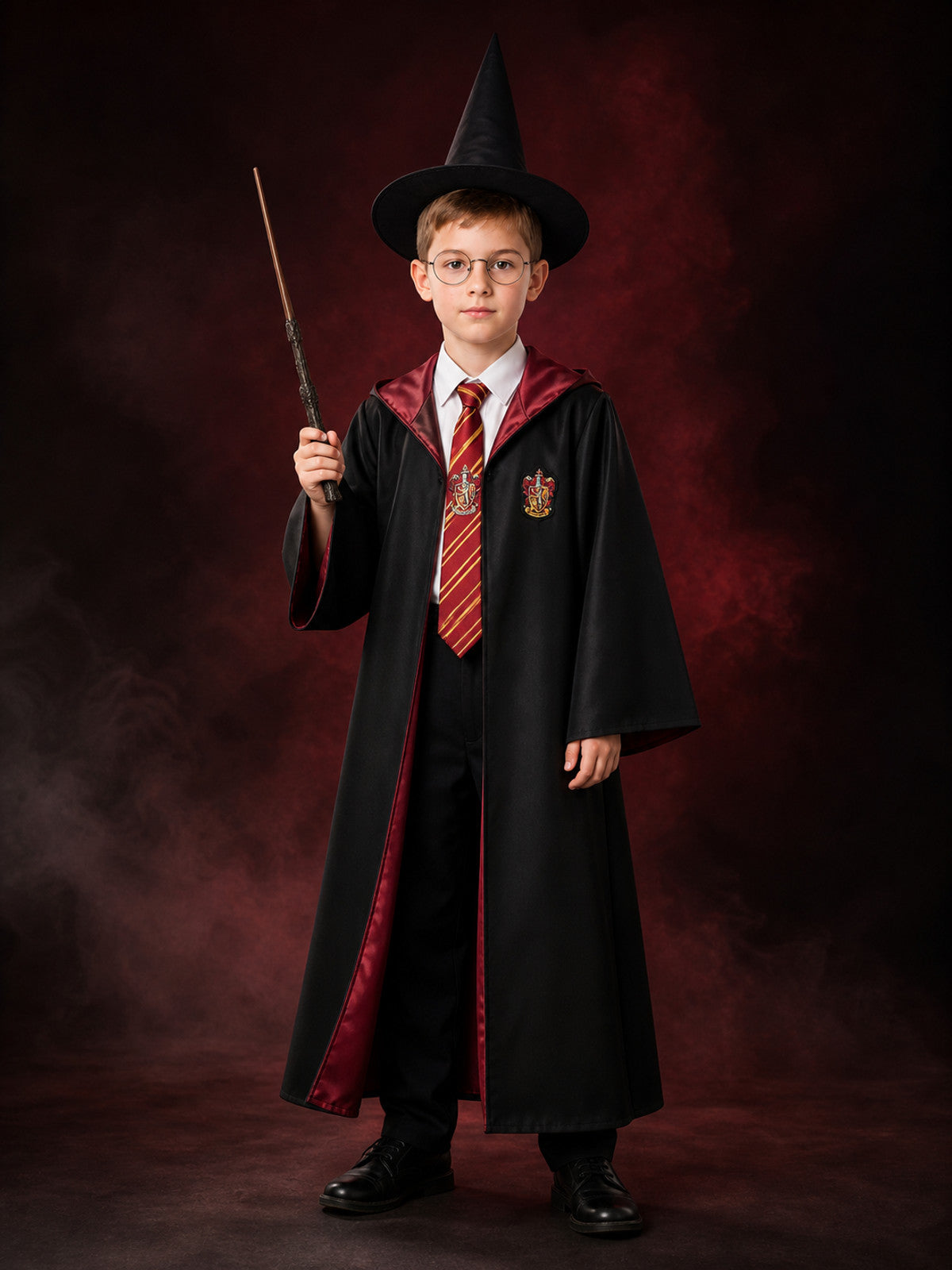 Kids Red And Black Wizard Robe Costume Set With Hat, Tie, Wand And Glasses main product view