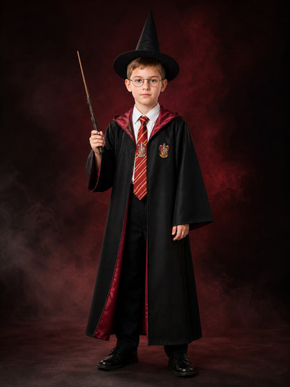 Kids Red And Black Wizard Robe Costume Set With Hat, Tie, Wand And Glasses main product view