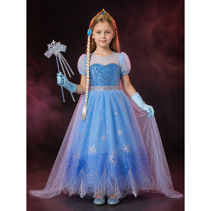Kids Elsa Sequined Snowflake Princess Dress Costume main product view