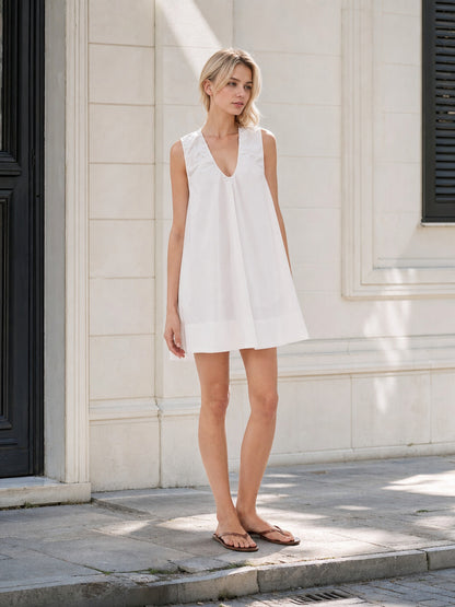 White Sleeveless Loose A-Line Dress with a V-Neck