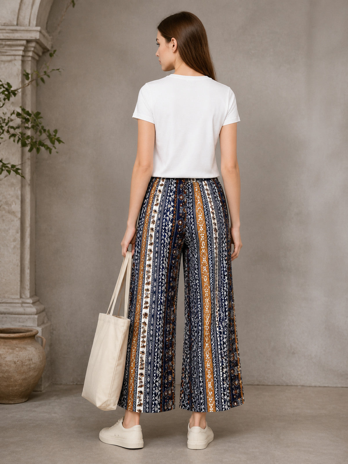 Bohemian High-Waist Wide-Leg Drawstring Pants with Multi-Color Vertical Stripes