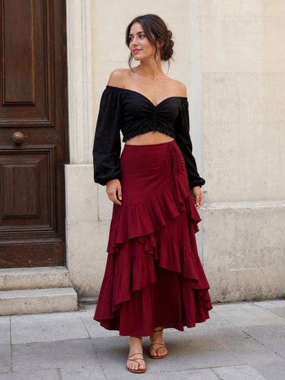 Burgundy Skirt with an Asymmetrical Tiered Flounce