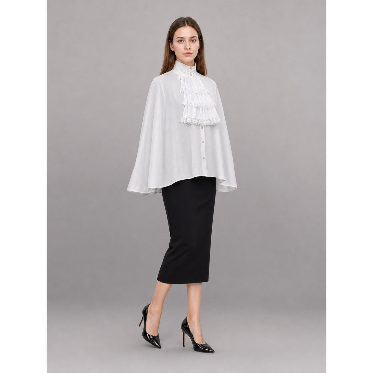 White Blouse with Jabot and Long Sleeves lifestyle