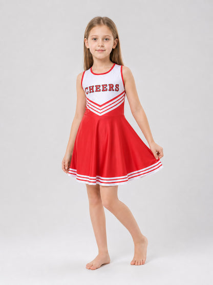 Cheerleading Costume: Dress, Leg Warmers, and Pom-Poms
