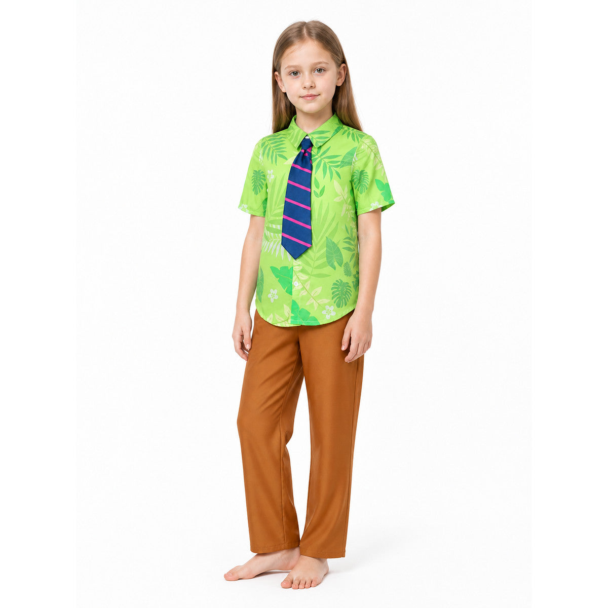 Nick the Fox costume with a green shirt, trousers, and tie on-model front view