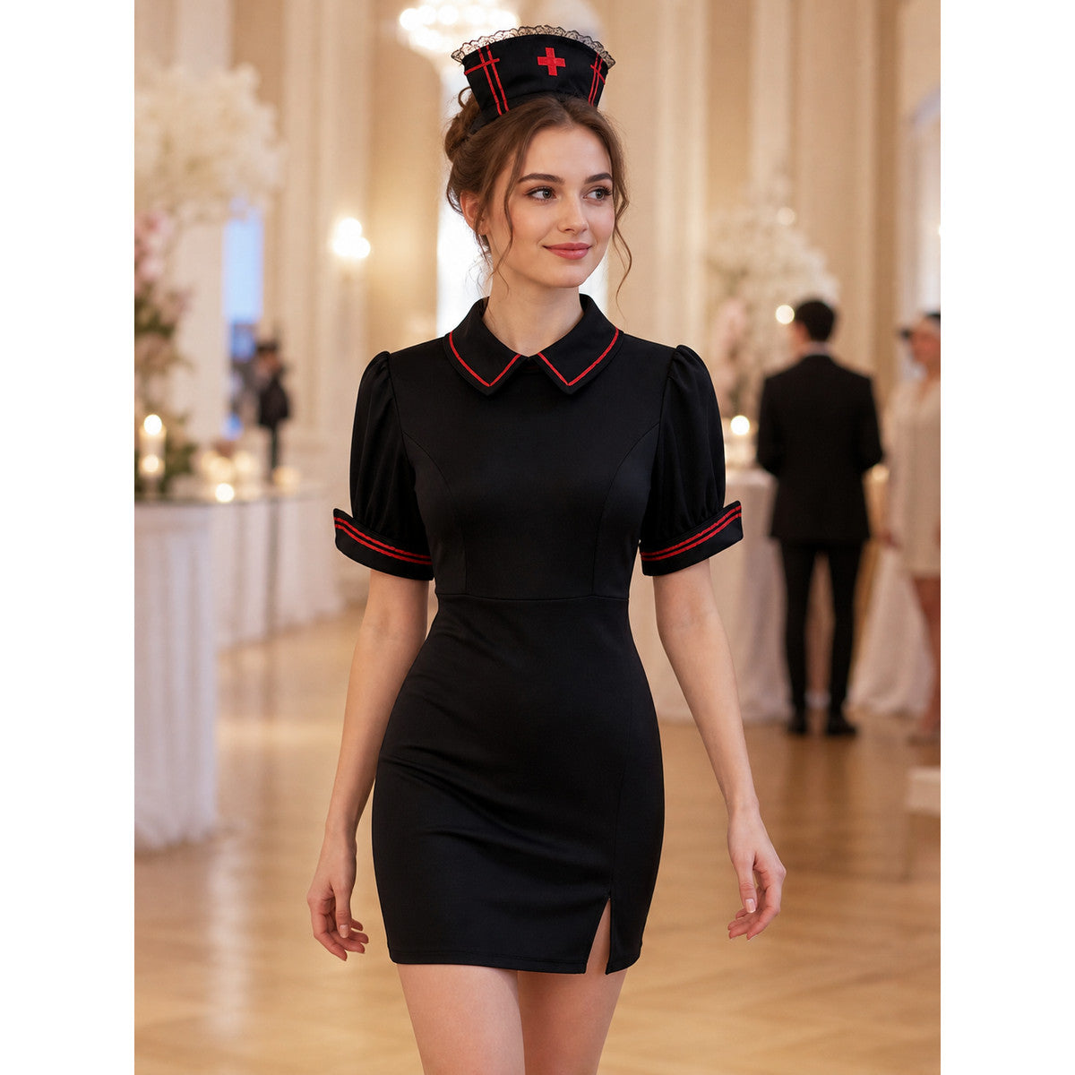 Medical Costume: Black Dress with Red Trim