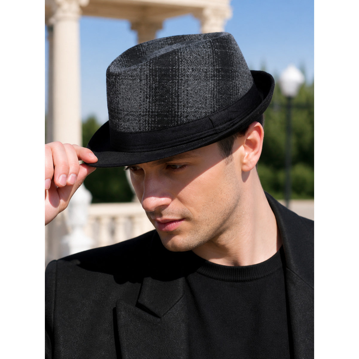 Men’s gray plaid carnival fedora hat lifestyle view