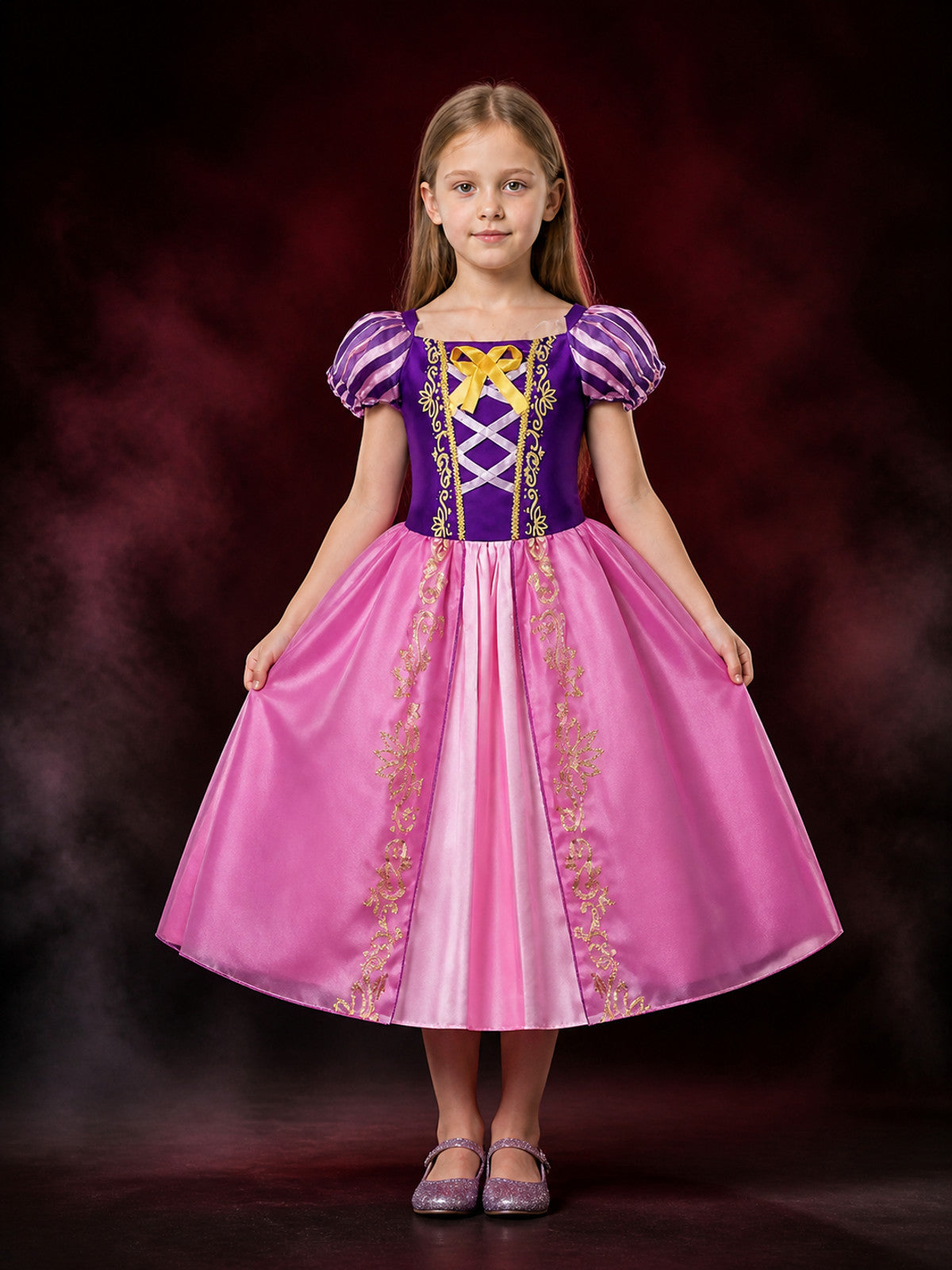 Girls Princess Costume Dress, Purple Pink Puffy Sleeve Halloween Outfit