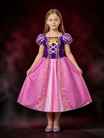 Girls Princess Costume Dress, Purple Pink Puffy Sleeve Halloween Outfit