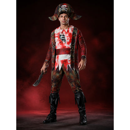 Men's Red Black Pirate Costume Set with Skull and Crossbones Hat, Jacket, Pants main product view