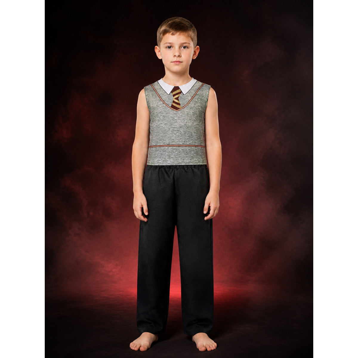 Children's Wizard Costume Set with Gray Sleeveless Top, Black Pants and Red-Gold lifestyle