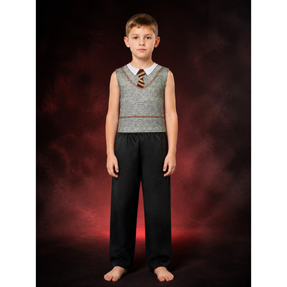 Children's Wizard Costume Set with Gray Sleeveless Top, Black Pants and Red-Gold lifestyle