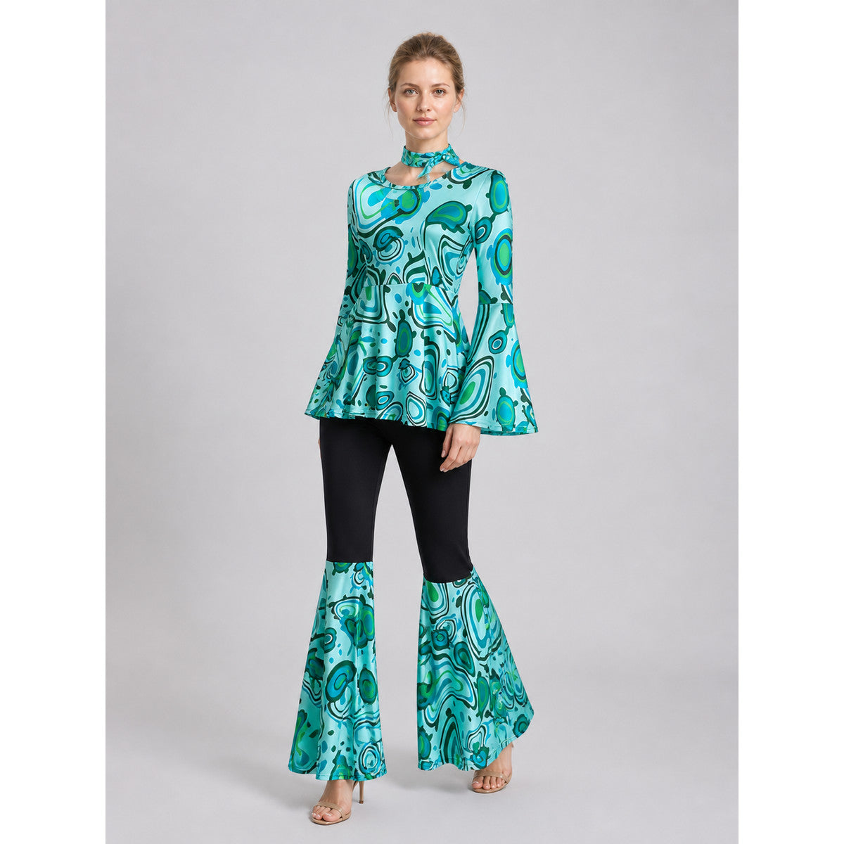 70s Stage Costume with Print: Long-Sleeve Top and Flared Pants Costumes detail