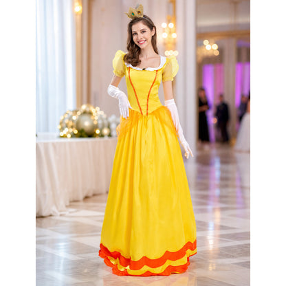 The princess costume features a festive style with distinctive details. The look is centered around a yellow dress with a fitted bodice and full skirt. Symmetrical orange decorative lines on the chest accent the bodice design. A white colla
